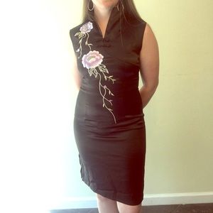 Elegant Black Satin Embroidery Floral Mandarin Collar Dress